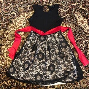 Karin Stevens 8 Black and White Lace Dress with Red Sash